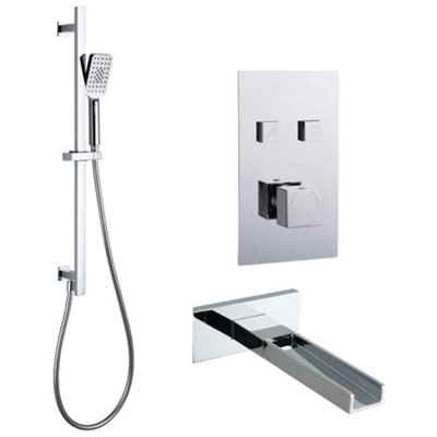Plum&Clay Cairns Dual Outlet Concealed Shower Valve With Square Slide Rail, Handset & Bath Spout Kit