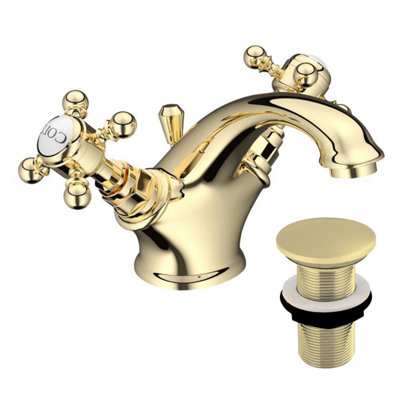 Plum&clay Georgina Traditional Gold Deck-Mounted Basin Mono Mixer Tap With Waste from B&Q