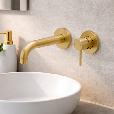Plum&clay Emilia Brushed Gold Round Wall-Mounted Basin Mixer Tap from B&Q