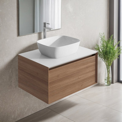 Plum&clay Matterhorn Oak Wall Hung Bathroom Vanity Unit With White Countertop (W)600mm (H)450mm from B&Q