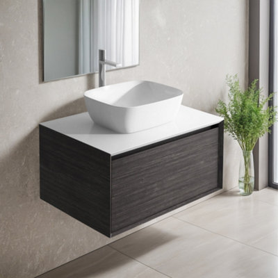 Plum&clay Matterhorn Dark Oak Wall Hung Bathroom Vanity Unit With White Countertop (W)600mm (H)450mm from B&Q