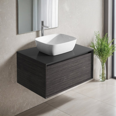Plum&clay Matterhorn Dark Oak Wall Hung Bathroom Vanity Unit With Black Countertop (W)600mm (H)450mm from B&Q