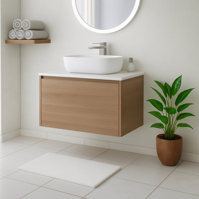 Plum&clay Matterhorn Oak Wall Hung Bathroom Vanity Unit With White Countertop (W)750mm (H)450mm from B&Q