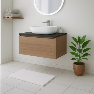 Plum&clay Matterhorn Oak Wall Hung Bathroom Vanity Unit With Black Countertop (W)750mm (H)450mm from B&Q