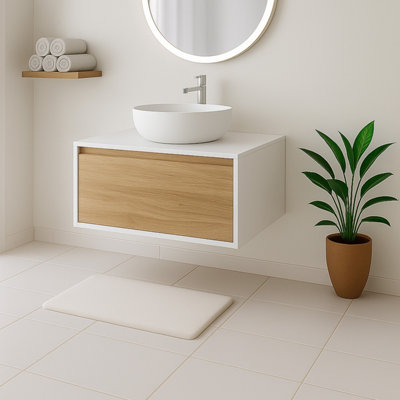 Plum&clay Declan White & Oak Wall Mounted Vanity Unit With White Countertop Set (W)750mm (H)400mm from B&Q