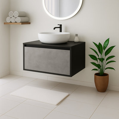 Plum&clay Declan Black & Concrete Wall Mounted Vanity Unit With Black Countertop Set (W)750mm (H)400mm from B&Q