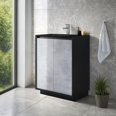 Plum&clay Declan Black & Concrete Floor Standing Vanity Unit With Black Basin Set (W)600mm (H)850mm from B&Q