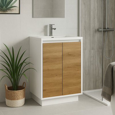 Plum&clay Declan White & Oak Floor Standing Vanity Unit With White Basin Set (W)750mm (H)850mm from B&Q