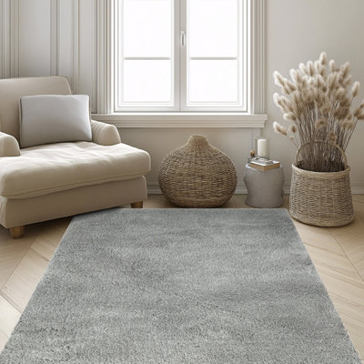  - Grey Plain Shaggy Medium Rug(L)160Cm X (W)120Cm