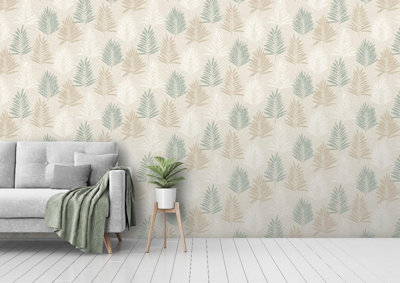 Zed Décor Zed Decor Linen Palm Sage & Soft Gold WallpaperChic LeafLinen Effect Neutral BackgroundTexturedContemporary Wallpaper from B&Q