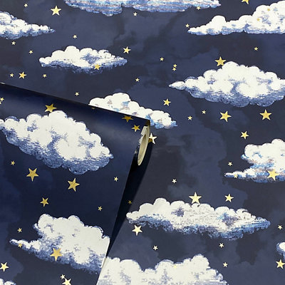 Arthouse Stars And Clouds Kids Navy Wallpaper Good Night 3D Effect Clouds And Stars 923907BedroomKids Room And Nursery from B&Q