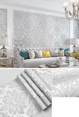 Zed Décor Zed Decor Classic Silver Damask Pattern WallpaperVintage Embossed Design For Living Room6030-2 from B&Q