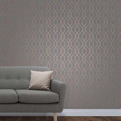 Fine Décor Apex Geometric Trellis Wallpaper Charcoal Grey And Copper Fine Decor Fd41998