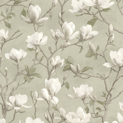 Holden Décor Holden Opus Petalina Magnolia Flowers Floral Bloom Sage Green Wallpaper 36401 from B&Q