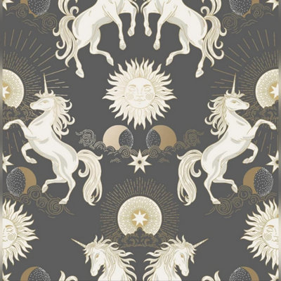 Zed Décor Zed Decor Magical Unicorn SunMoonStars Fantasy World Metallic Wallpaper Charcoal & Gold For Kids & Girls Rooms We43759 from B&Q