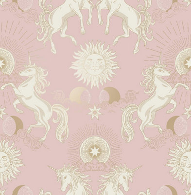 Zed Décor Zed Decor Magical Unicorn SunMoonStars Fantasy World Metallic Wallpaper Pink & Gold For Kids & Girls Rooms We43760 from B&Q