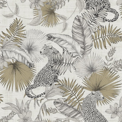 Zed Décor Zed Decor Tropical Leopard Wallpaper Modern Tropical Palm Jungle NeutralWhite Black Gold from B&Q