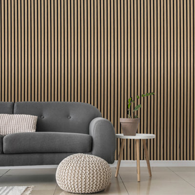Built Right Wood Slat Decorative Acoustic Panel 2400mm X 600mm Natural Oak Noise Reducing Wall Panel from B&Q