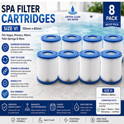 ATEK 8 Pack Hot Tub Spa Filter Size Vi For Bestway Lazy Lay Z Water Flters Cartridge Vegas Monaco Miami Palm Springs 105mm X 80mm from B&Q