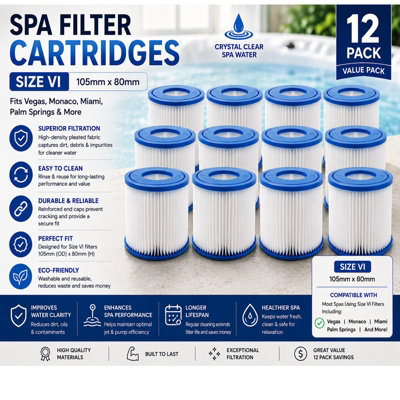 ATEK 12 Pack Hot Tub Spa Filter Size Vi For Bestway Lazy Lay Z Water Flters Cartridge Vegas Monaco Miami Palm Springs 105mm X 80mm from B&Q