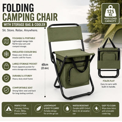 ATEK Folding Camping ChairLightweight Foldable Fishing Chairs Portable Camping Chair With Cooler Bag Outdoor Backrest Stool from B&Q