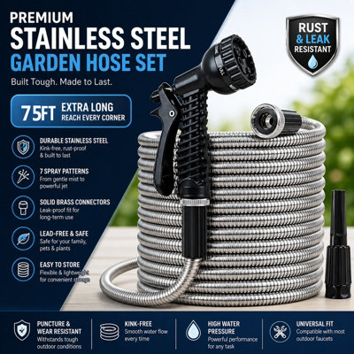 ATEK 75Ft Garden Hose Pipe Stainless Steel Lightweight Durable Strong Kink Free Leakproof Rust-Proof Spray Water Gun Hosepipe Reel 23M from B&Q