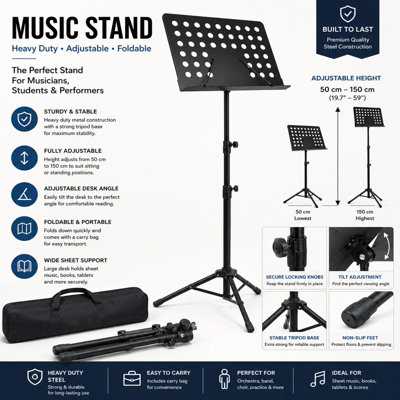 ATEK Orchestral Music Sheet StandHeavy Duty Metal Fully Adjustable Height Foldable Conductor Stand With Tripod Base & Carry Bag from B&Q