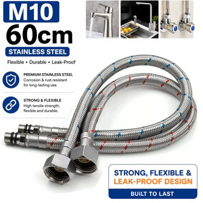 B&Q -  60Cm Flexible Tap Tails Pair Stainless Steel Braided Monobloc Mixer Connector Hoses M10 To Half Inch Bsp For Kitchen Bathroom