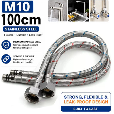 B&Q -  100Cm Flexible Tap Tails Pair Stainless Steel Braided M10 X 1/2" Bsp Monobloc Mixer Connector Hoses For Kitchen And Bathroom