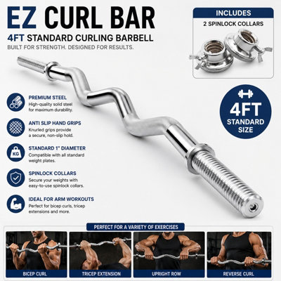 B&Q -  Ez Curl Bar4Ft Standard Steel Curling Chrome Barbell Bar With Spinlock Collars Anti Slip Hand GripsDumbbell Bar Weight Lifting