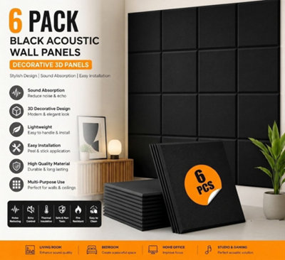 B&Q -  6 Pack Sound Proofing Wall Panels Black Self Adhesive 30X 30Cm Acoustic Insulation Absorbing Panel For Studio Game Room Office