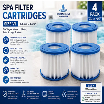 ATEK 4 Pack Hot Tub Spa Filter Size Vi For Bestway Lazy Lay Z Water Filters Cartridge Vegas Monaco Miami Palm Springs 105mm X 80mm from B&Q