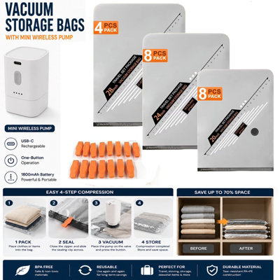 ATEK 20 Pack Vacuum Compression Storage Bags Wireless Pump Airtight Vac Vacum Space Saving Bag Clothes Bedding Towels 20/24/28 Inch from B&Q
