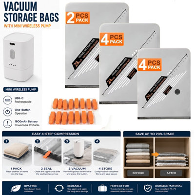 ATEK 10 Pack Vacuum Compression Storage Bags Wireless Pump Airtight Vac Vacum Space Saving Bag Clothes Bedding Towels 20/24/28 Inch from B&Q