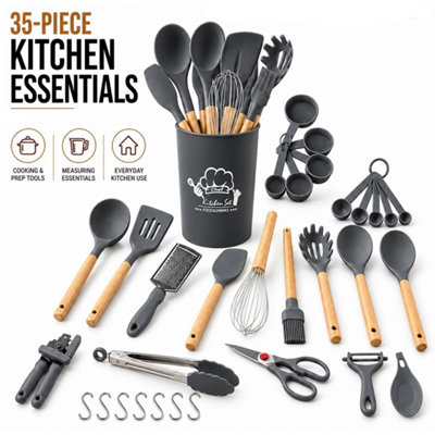 Atek 35 Piece Silicone Kitchen Utensil Set Wooden Handles Grey With Holder