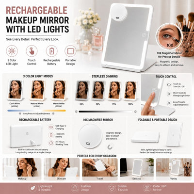 ATEK Rechargeable Makeup Mirrorwith Lights10X Mini Magnification & 3 Color Led LightingWhite Dimmable Touch Screen Tabletop from B&Q