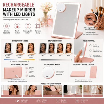 ATEK Rechargeable Travel Makeup Mirror With Lights10X Mini Magnification & 3 Color Led LightingPink Dimmable Touch Screen Tabletop from B&Q