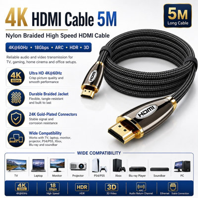 B&Q -  Premium 5 Meter V2.0 Hdmi Cable Gold High Speed