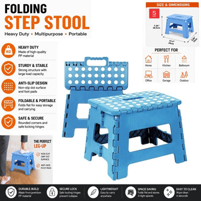 B&Q -  8 Inch Small Folding Step Stool Blue Non-Slip Plastic Foldable Footstool Ladder Handle For Kids Children & Adults Load 100Kg