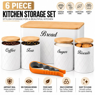 B&Q -  5Pcs Kitchen Storage Tins Canister Set Bamboo Lid Tea Coffee Sugar Bread Bin Jar White - Image 3