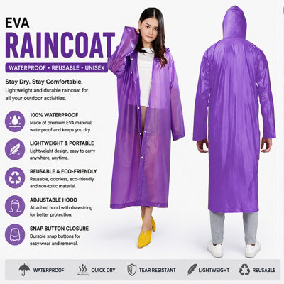 B&Q -  Large Hooded Waterproof Raincoat Purple Lightweight Travel Rain Jacket