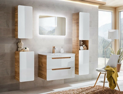 B&Q -  Bathroom Furniture Set 600mm Vanity Sink Unit Wall Cabinet Tallboy White Gloss Oak Arub