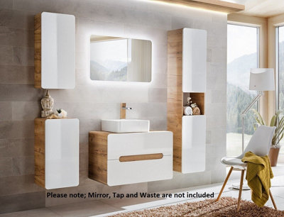 B&Q -  Bathroom Cabinets Furniture Set 800mm Countertop Vanity Sink Unit Drawer And Tall Wall Cabinet White Gloss Oak Arub