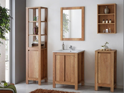 Impact Furniture Bathroom Furniture Set: Freestanding 600 Vanity Sink Cabinet Mirror Tall Storage Unit Oak Effect Classic