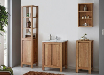 Impact Furniture Bathroom Furniture Set: 600 Vanity Sink Freestanding Cabinet Slim Storage Shelf Oak Effect Classic