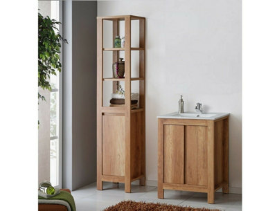 Impact Furniture Bathroom Furniture Set: 600mm Vanity Cabinet Wih Basin Tall Shelf Storage Freestanding Oak Effect Classic