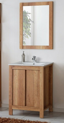 Impact Furniture Bathroom Furniture Set: 600 Vanity Sink Freestanding Unit With Wall Mirror Oak Effect Classic