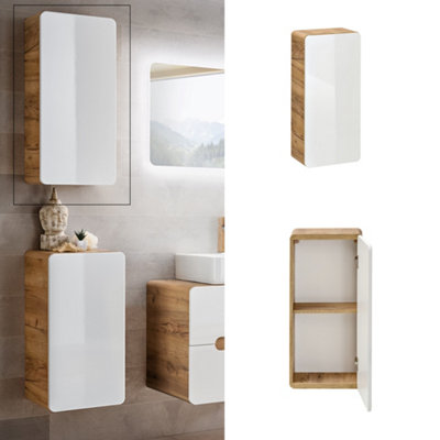 B&Q -  Small Bathroom Cabinet Slim Wall Storage Unit Compact Cupboard 350mm White Gloss And Oak Scandi Modern Arub