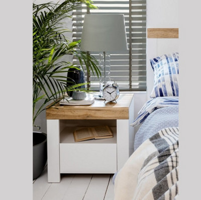 B&Q -  Bedside Cabinet Drawer Side Table Unit Modern White Gloss Oak Effect Bedroom Open Shelf Storage Holten