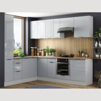 B&Q -  Kitchen Corner Cabinets Set Of 12 Units Light Grey Gloss Tall 400mm Larder Pantry Storage Complete Fitted Package 220X270Cm Star